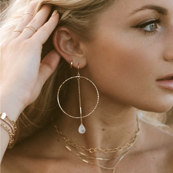 Handmade Jewelry - 🌙14K Gold Filled Handmade Dainty Textured Hoops &Chain Drop & Moonstone Charms
